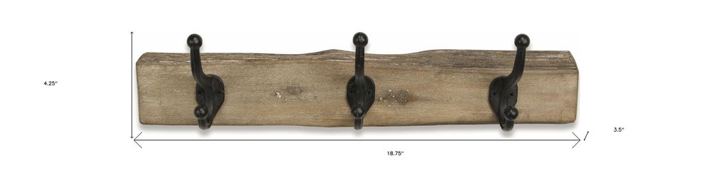 19" Brown Natural Rustic Live Edge Wood Three Hook Wall Mount Coat Rack. Coat hanger isolated on a plain white background, finished in brown wood.