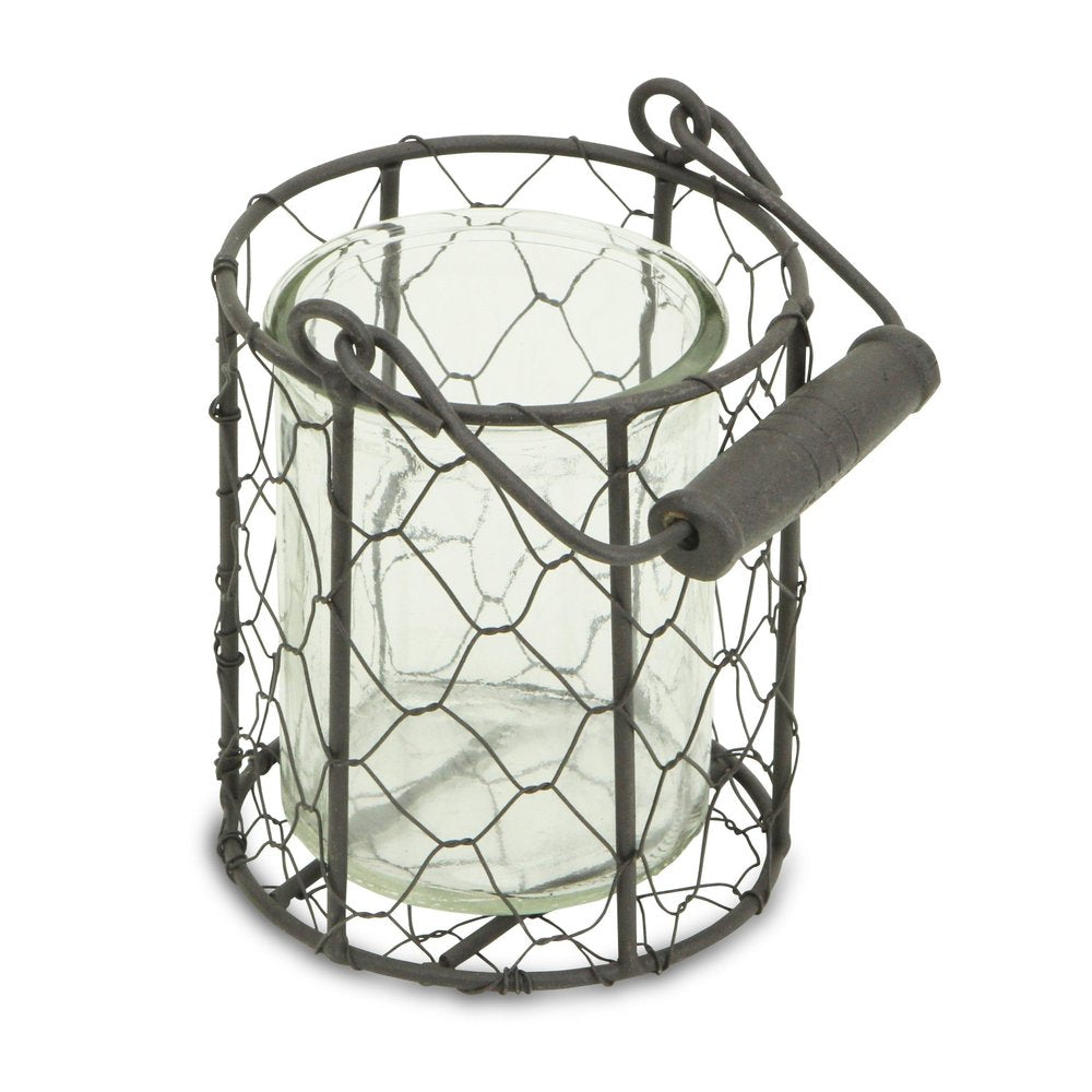 5" Clear And Brown Metal Tabletop Lantern Candle Holder