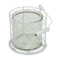5" White Metal Tabletop Lantern Candle Holder. Candle holder isolated on a plain white background, showing a white metal surface.