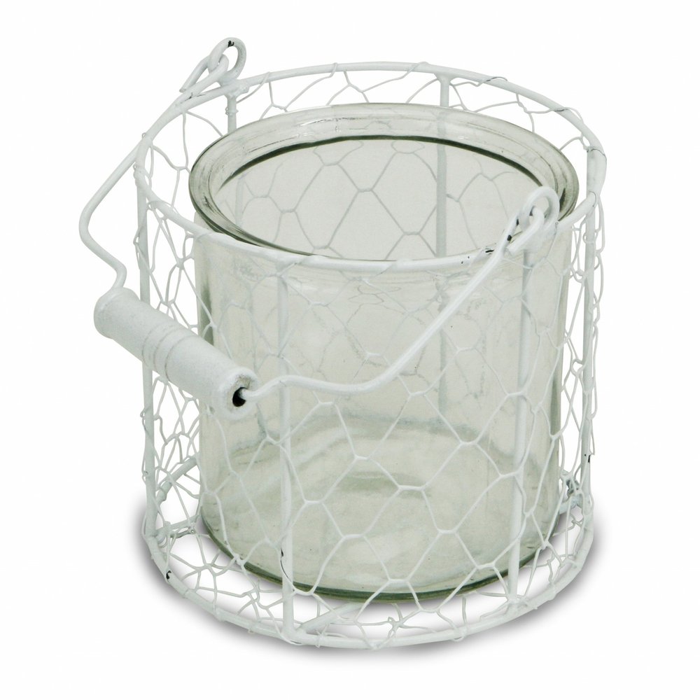 5" White Metal Tabletop Lantern Candle Holder. Candle holder isolated on a plain white background, in a white metal finish.