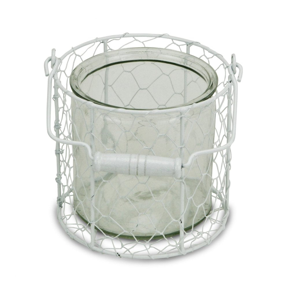 5" White Metal Tabletop Lantern Candle Holder. Candle holder isolated on a plain white background, showing a white metal surface.