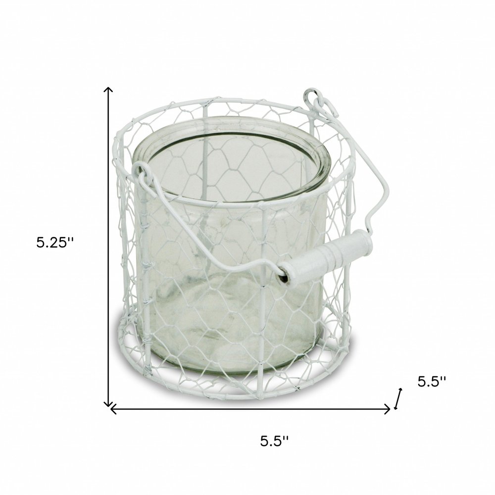 5" White Metal Tabletop Lantern Candle Holder. Candle holder isolated on a plain white background, in a white metal finish.