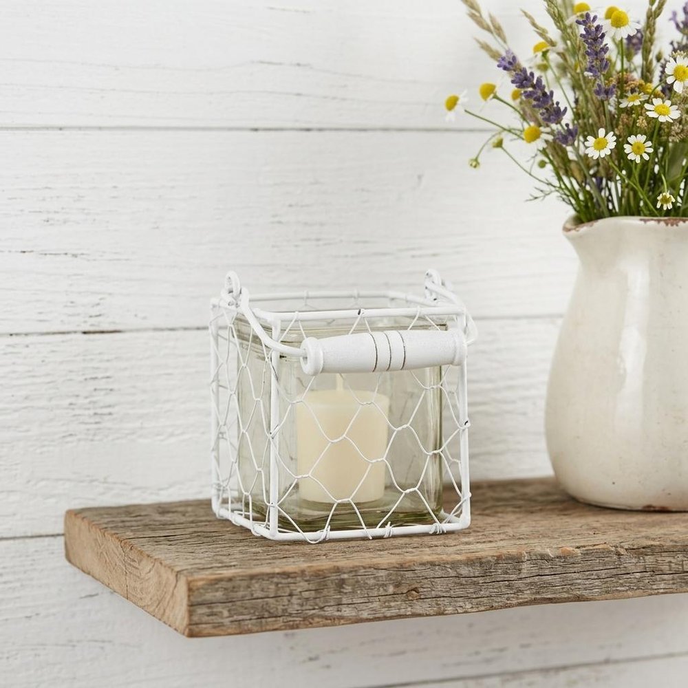 4" White Glass and Metal Lattice Tabletop Lantern Candle Holder
