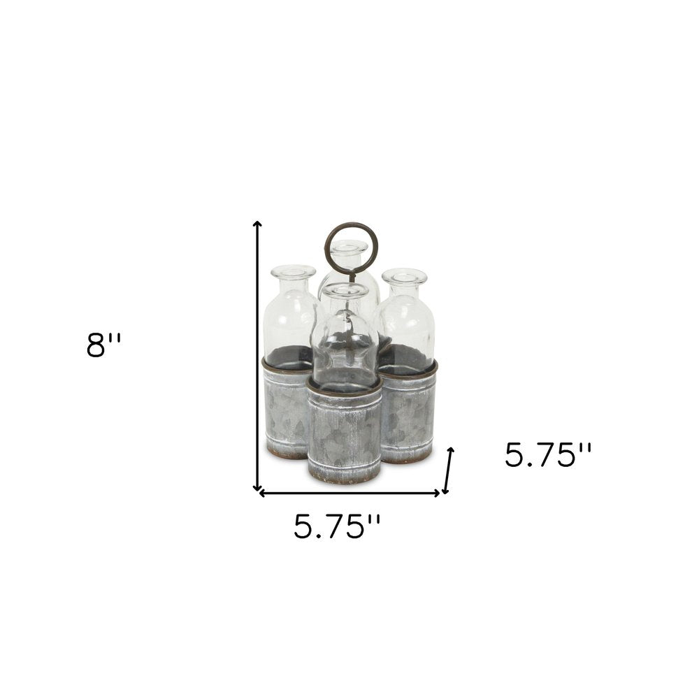 Set of Four Clear Galvanized Metal And Glass Decorative Bottle