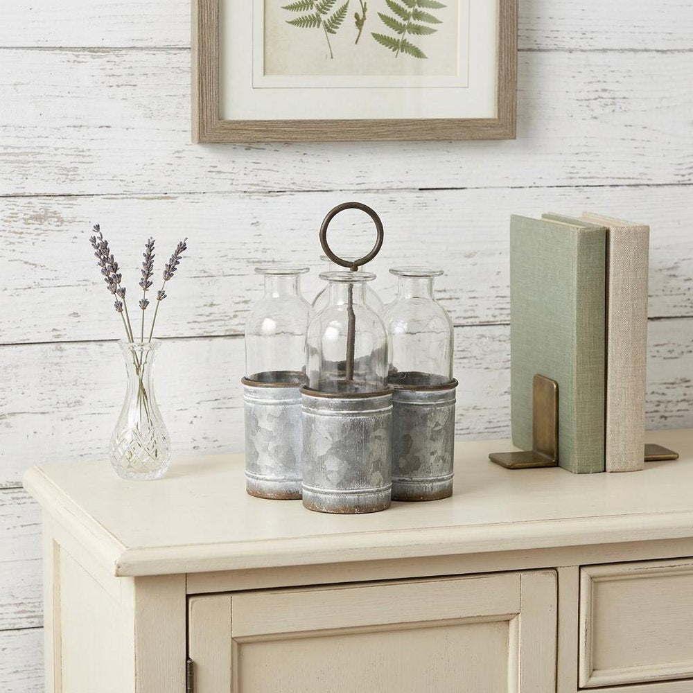 Set of Four Clear Galvanized Metal And Glass Decorative Bottle