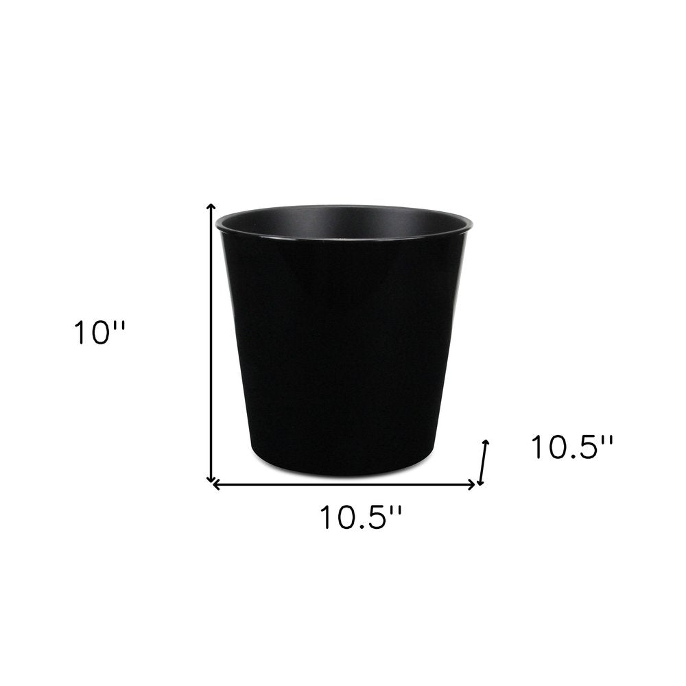 11" Black Recycled Plastic Indoor Outdoor Round Pot Planter. Outdoor planter isolated on a plain white background, showing a black plastic surface.