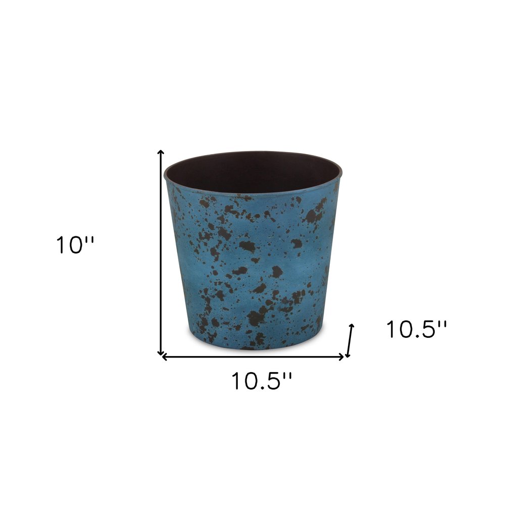 11" Blue Recycled Plastic Indoor Outdoor Round Pot Planter. Outdoor planter isolated on a plain white background, showing a blue plastic surface.