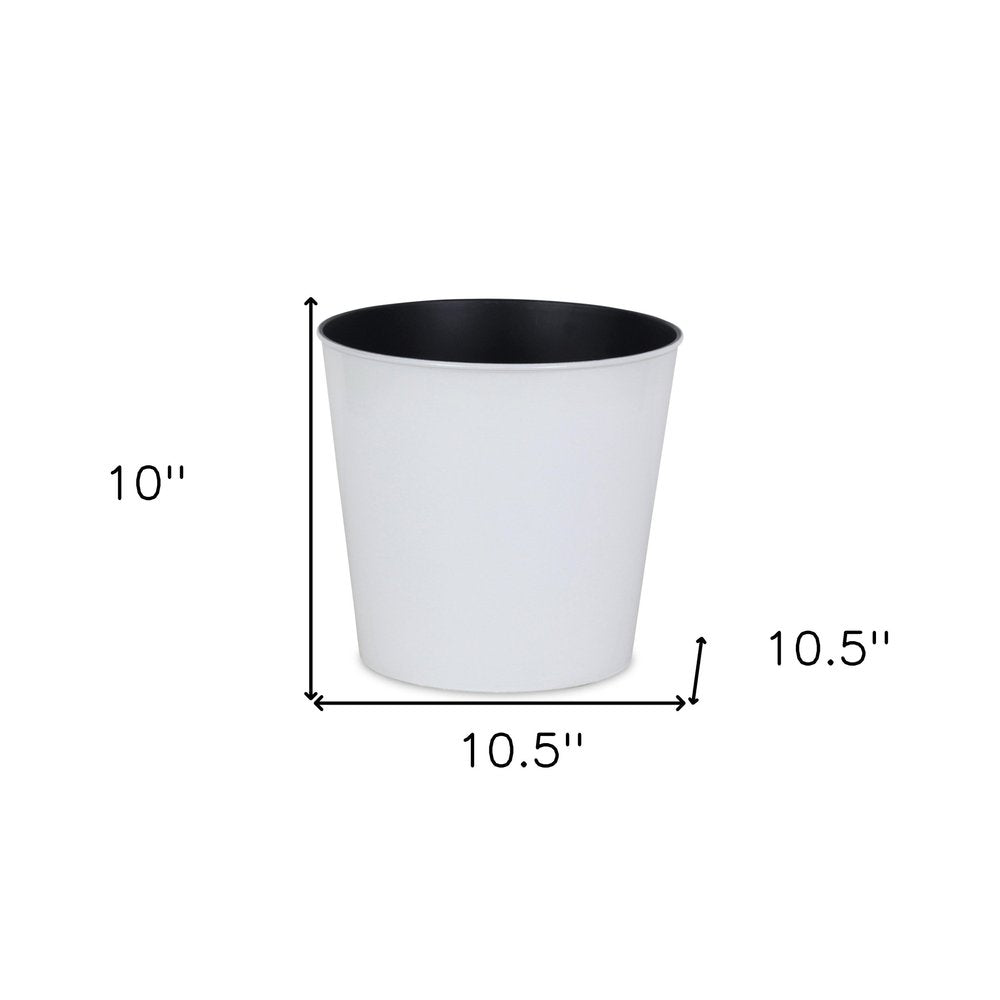 11" White Recycled Plastic Indoor Outdoor Round Pot Planter. Outdoor planter isolated on a plain white background, showing a white plastic surface.