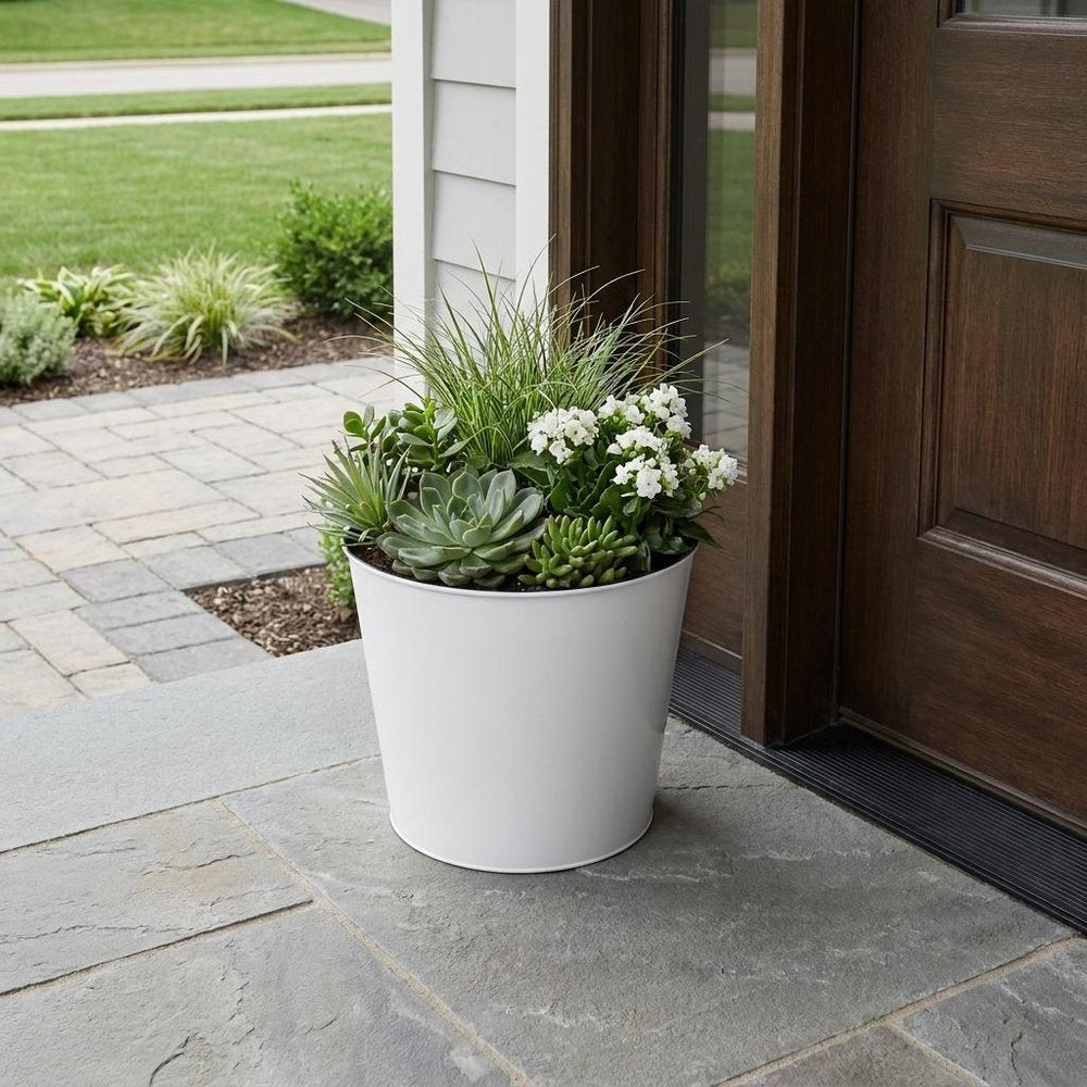 11" White Recycled Plastic Indoor Outdoor Round Pot Planter