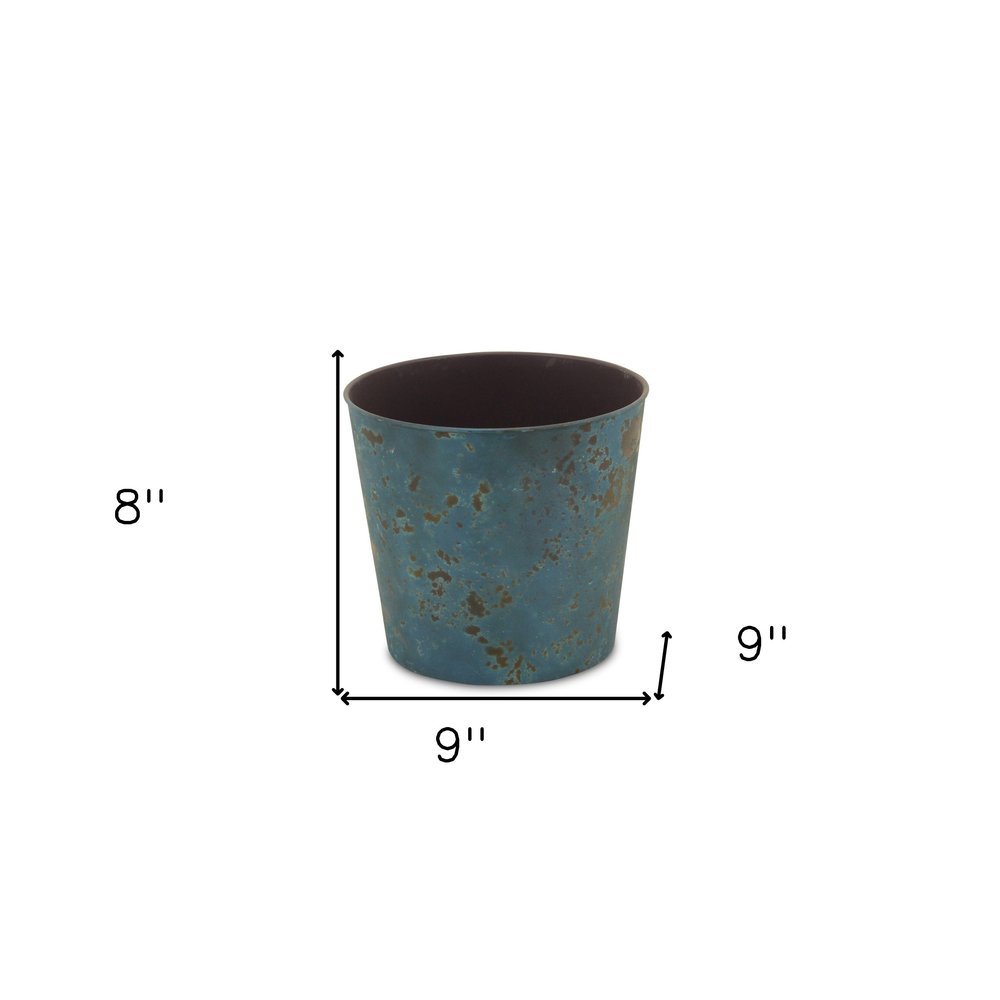 9" Blue Recycled Plastic Indoor Outdoor Round Pot Planter on a white background