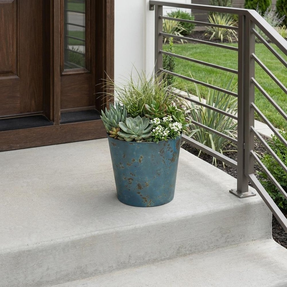 9" Blue Recycled Plastic Indoor Outdoor Round Pot Planter in a home interior