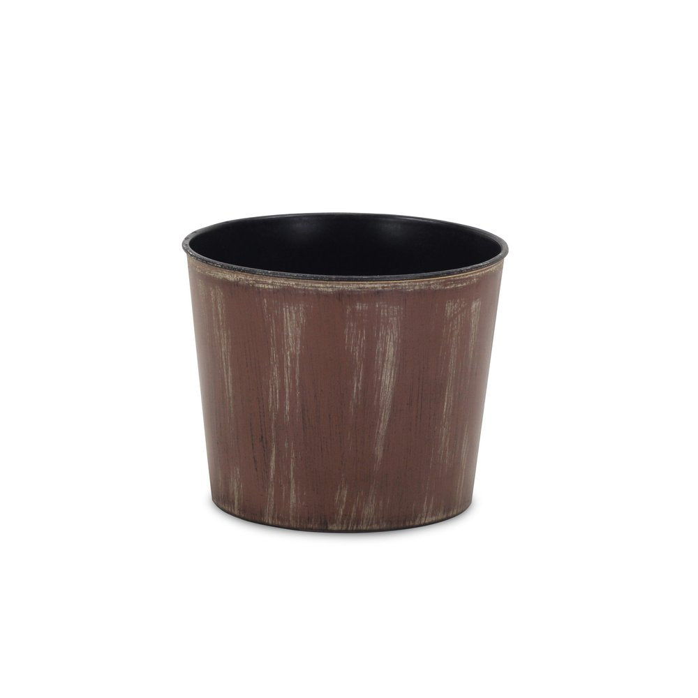 7" Brown and Ivory Textural Tone On Tone Recycled Plastic Indoor Outdoor Round Pot Planter on a white background