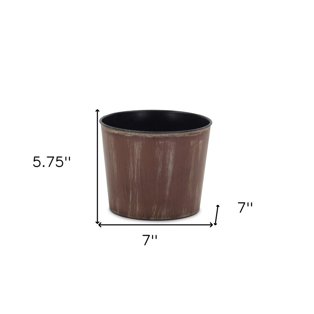 7" Brown and Ivory Textural Tone On Tone Recycled Plastic Indoor Outdoor Round Pot Planter on a white background