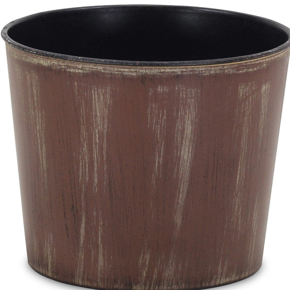 7" Brown and Ivory Textural Tone On Tone Recycled Plastic Indoor Outdoor Round Pot Planter close-up detail