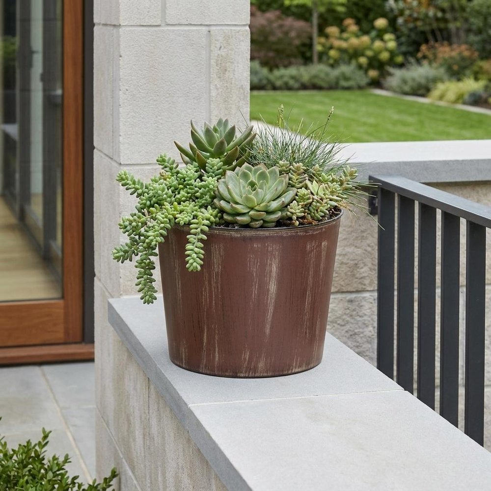 7" Brown and Ivory Textural Tone On Tone Recycled Plastic Indoor Outdoor Round Pot Planter
