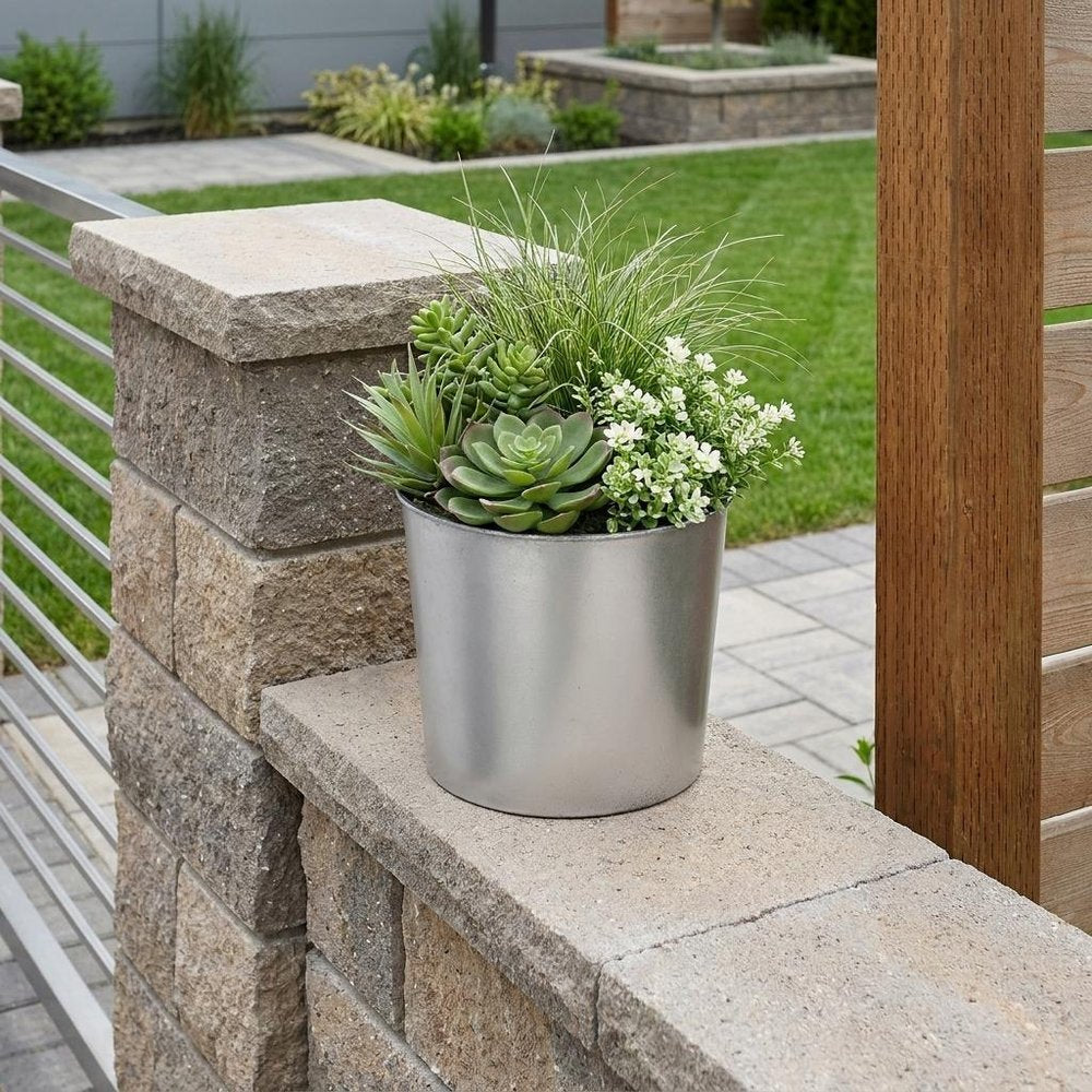 7" Silver Recycled Plastic Indoor Outdoor Round Pot Planter