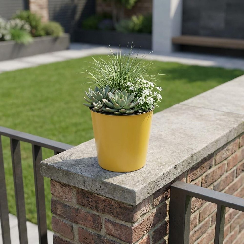 7" Yellow Recycled Plastic Indoor Outdoor Round Pot Planter in a home interior