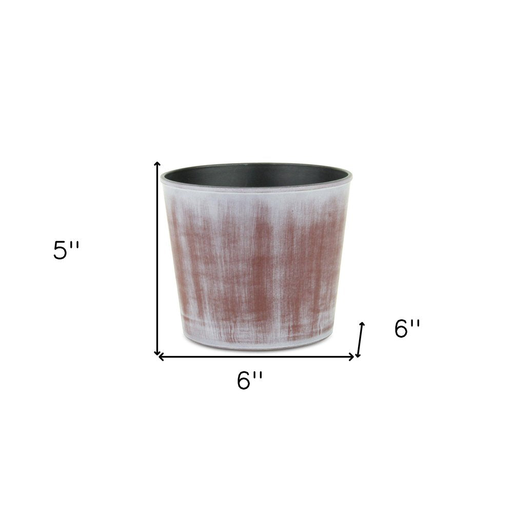 6" Brown and Ivory Textural Tone On Tone Recycled Plastic Indoor Outdoor Round Pot Planter. Outdoor planter isolated on a plain white background, in a brown plastic finish.