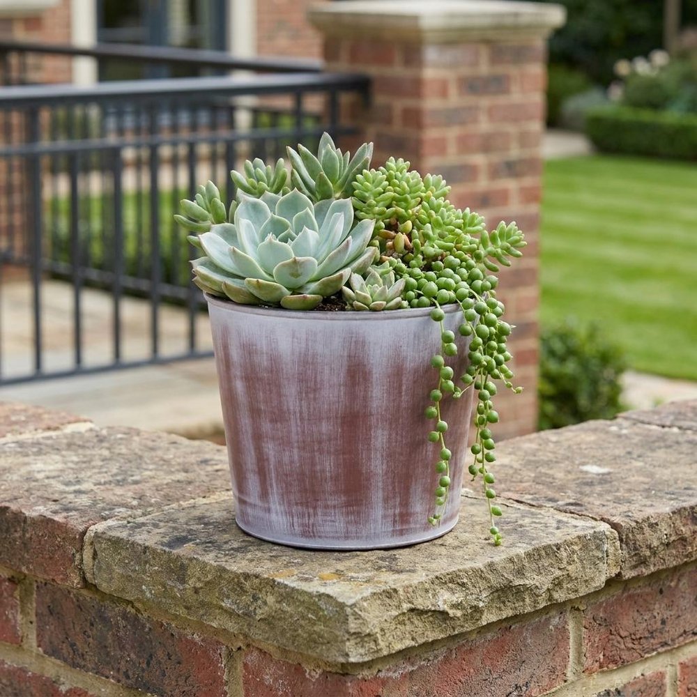 6" Brown and Ivory Textural Tone On Tone Recycled Plastic Indoor Outdoor Round Pot Planter