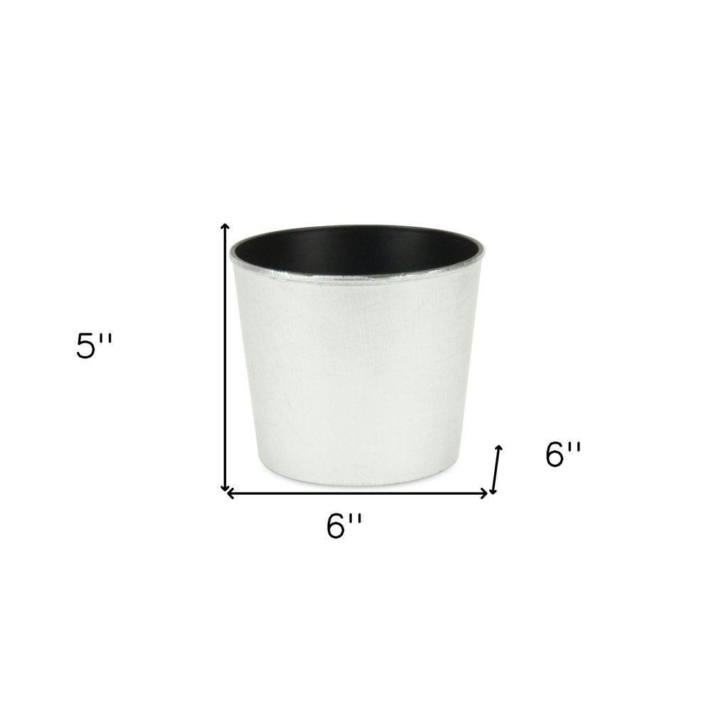 6" Silver Recycled Plastic Indoor Outdoor Round Pot Planter. Outdoor planter isolated on a plain white background, finished in silver plastic.