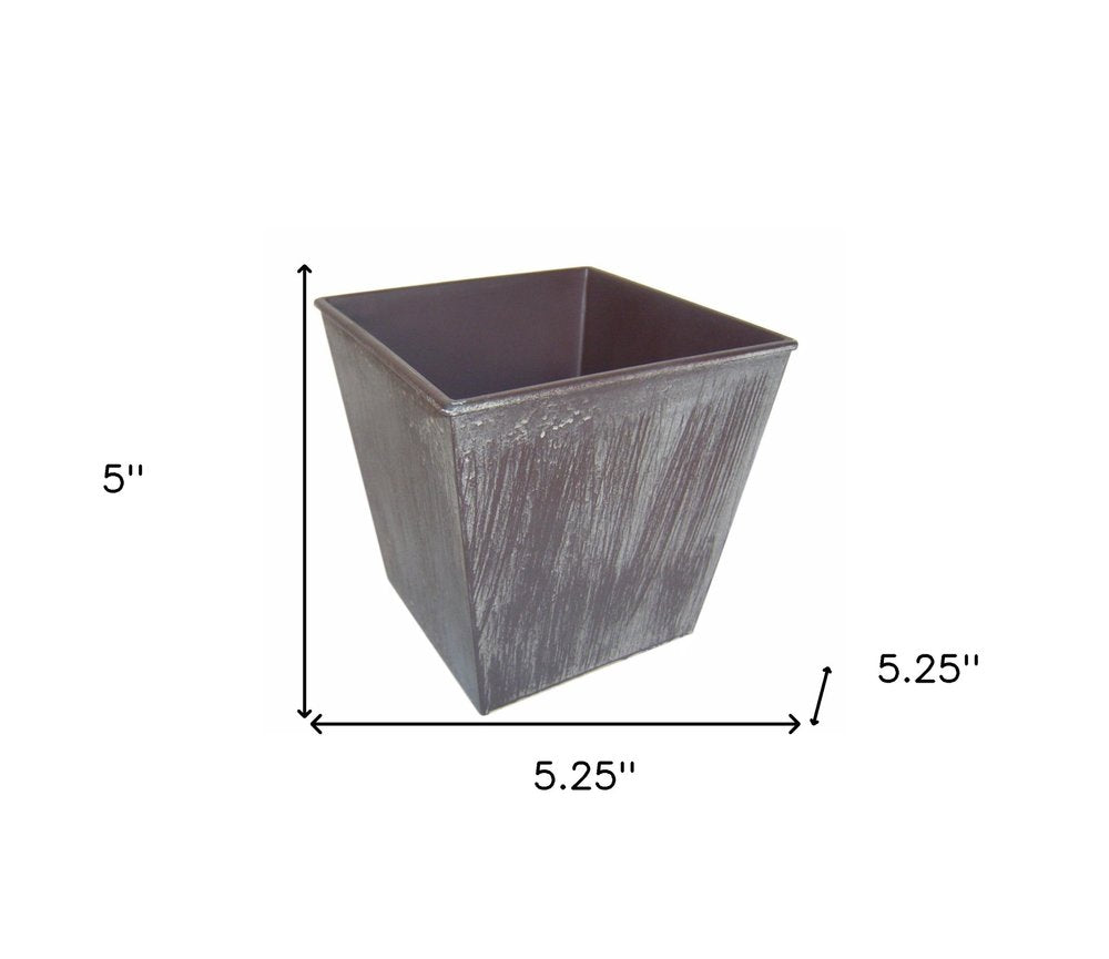5" Brown and Off White Textural Tone On Tone Recycled Plastic Indoor Outdoor Square Pot Planter. Outdoor planter isolated on a plain white background, finished in off-white plastic.