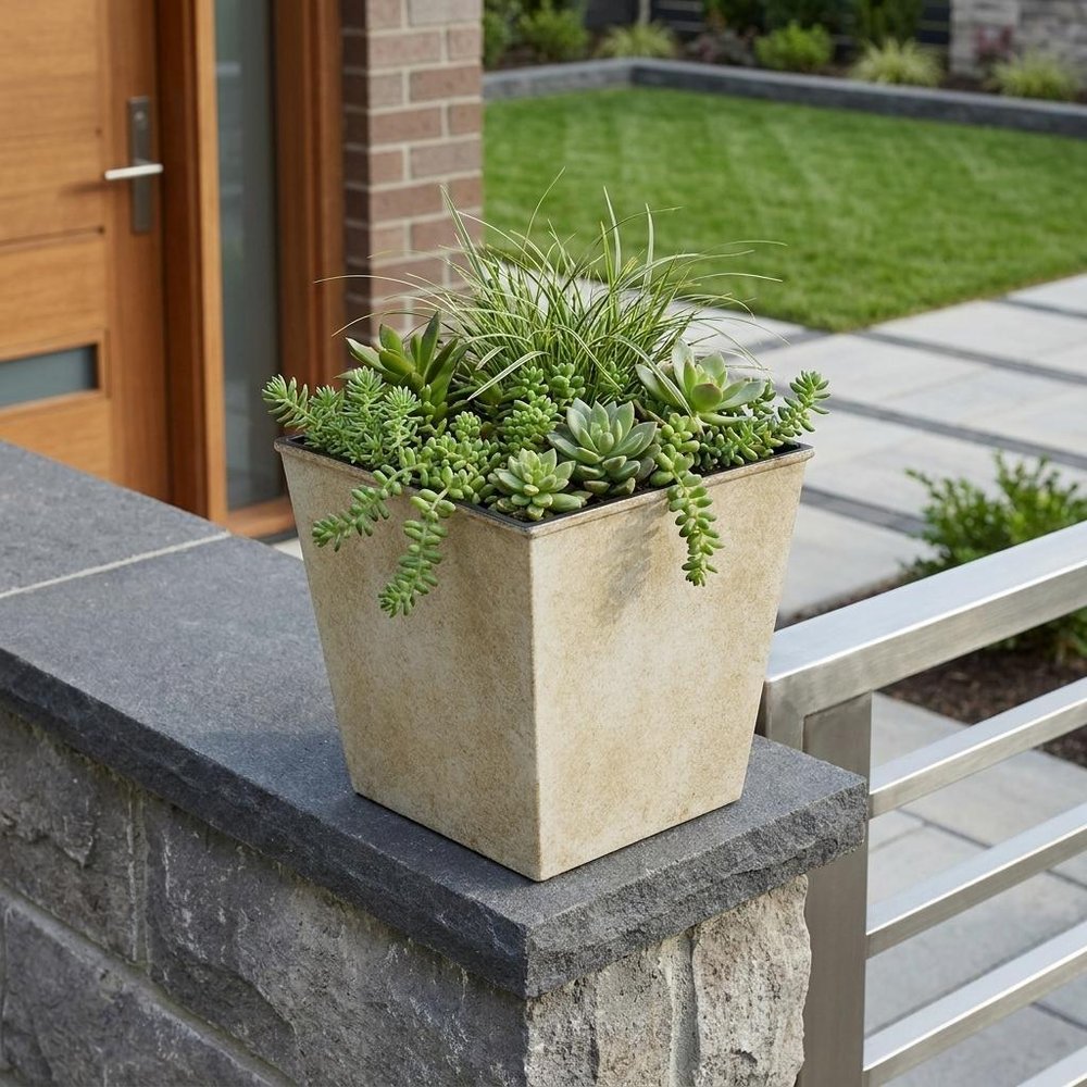 5" Cream Recycled Plastic Indoor Outdoor Square Pot Planter