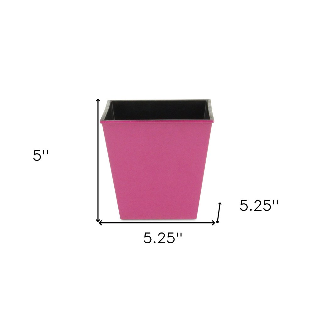5" Hot Pink Recycled Plastic Indoor Outdoor Square Pot Planter - 5" H x 5.25" W x 5.25" D. Outdoor planter isolated on a plain white background, finished in pink plastic.
