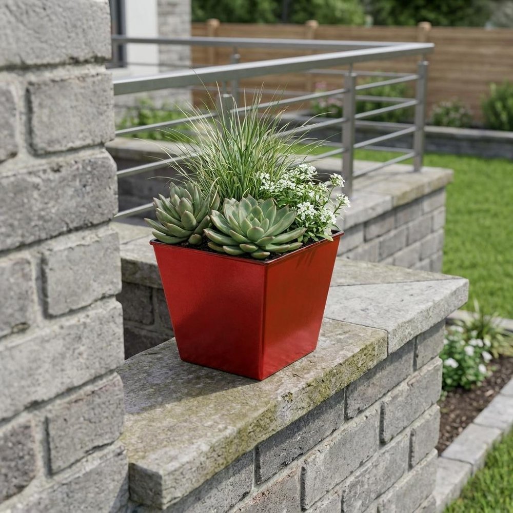5" Red Recycled Plastic Indoor Outdoor Square Pot Planter
