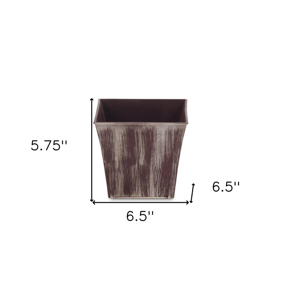 7" Brown and Ivory Textural Tone On Tone Recycled Plastic Indoor Outdoor Square Pot Planter on a white background