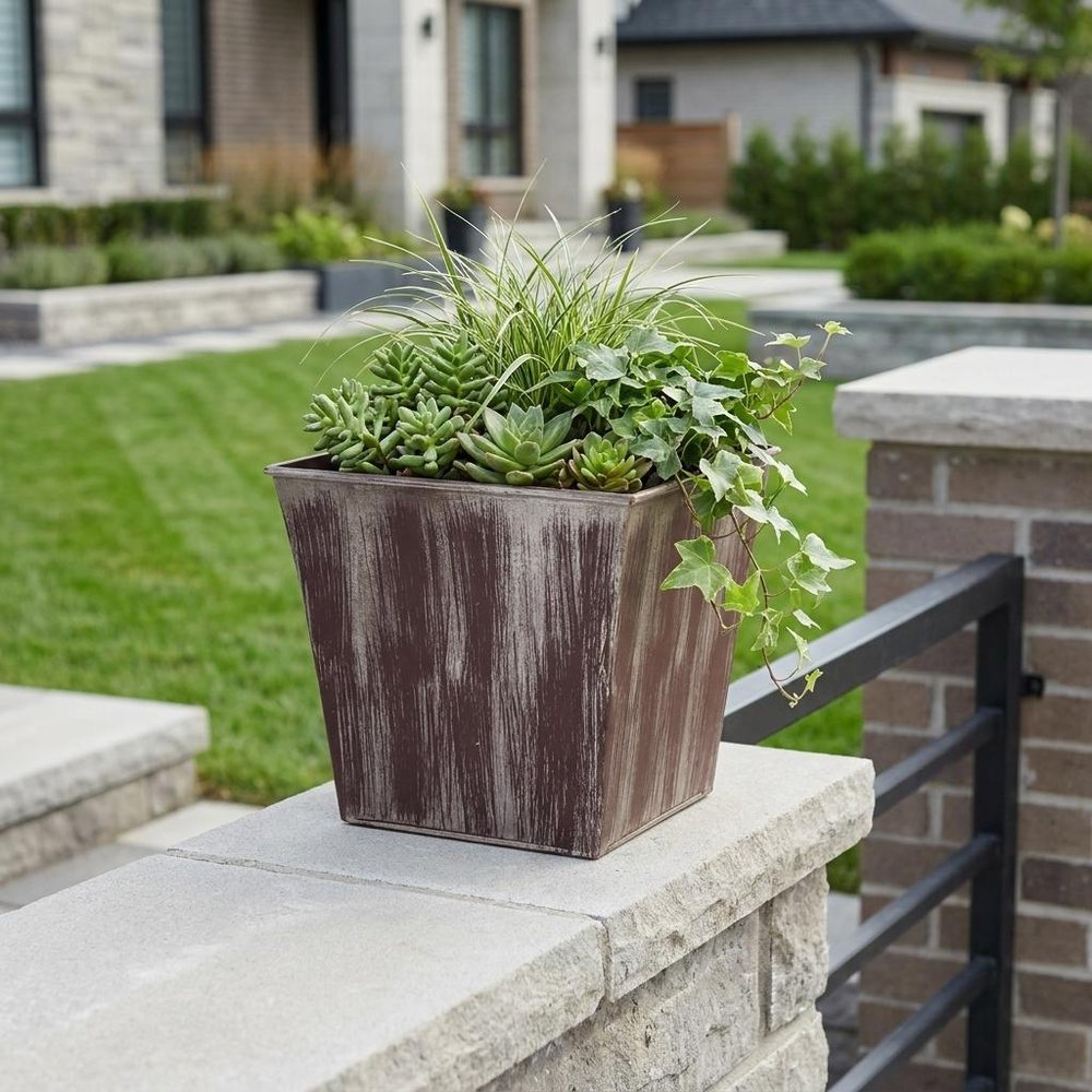 7" Brown and Ivory Textural Tone On Tone Recycled Plastic Indoor Outdoor Square Pot Planter