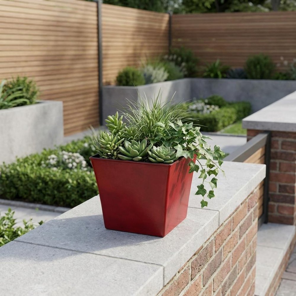 7" Red Recycled Plastic Indoor Outdoor Square Pot Planter