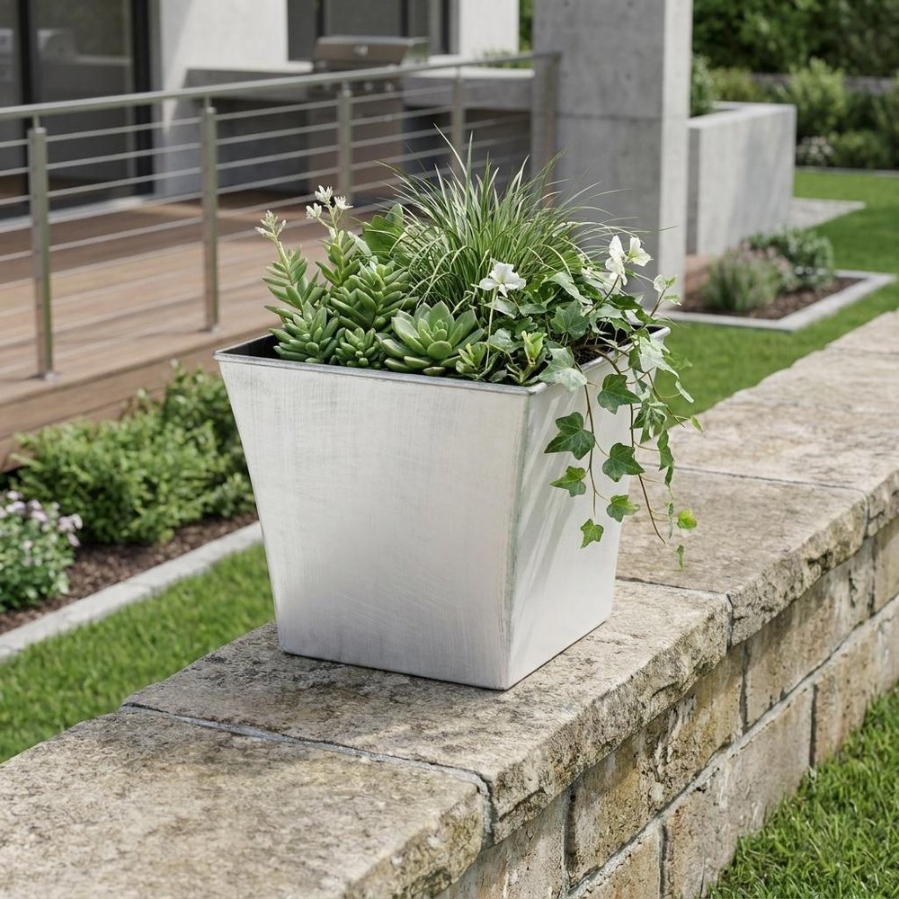 7" Silver Recycled Plastic Indoor Outdoor Square Pot Planter