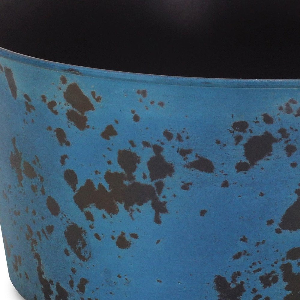 12" Blue Recycled Plastic Indoor Outdoor Round Pot Planter photographed against a dark studio background in blue.