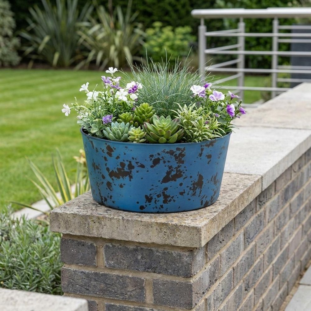 12" Blue Recycled Plastic Indoor Outdoor Round Pot Planter