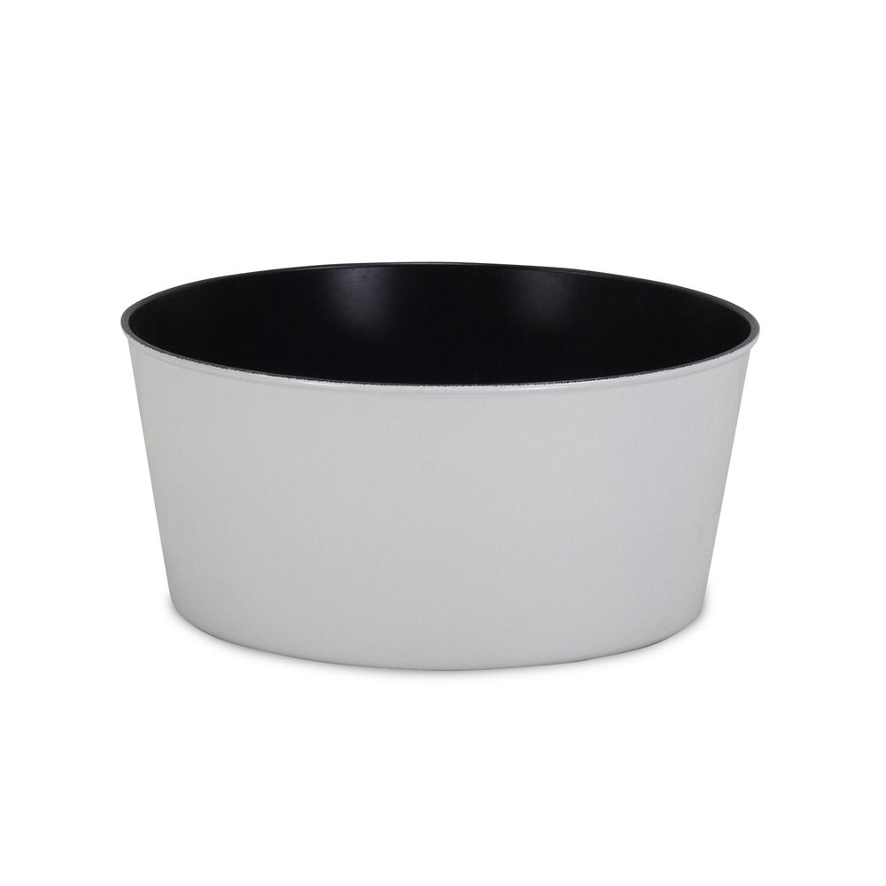 12" White Recycled Plastic Indoor Outdoor Round Pot Planter. Outdoor planter isolated on a plain white background, showing a plastic surface.