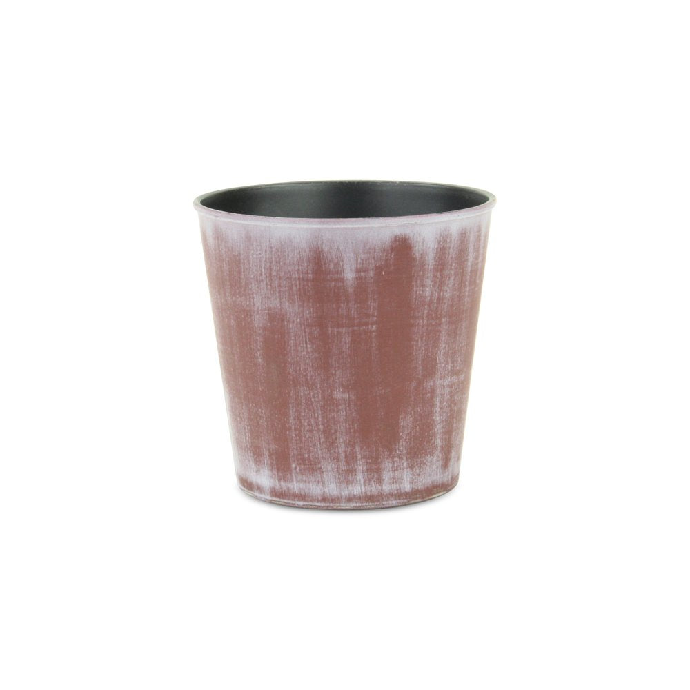 5" Brown and Off White Textural Tone On Tone Recycled Plastic Indoor Outdoor Round Pot Planter. Outdoor planter isolated on a plain white background, showing a off-white plastic surface.