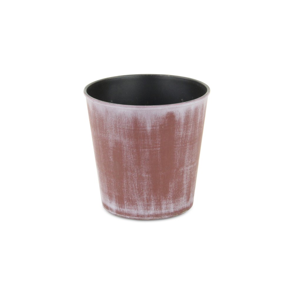5" Brown and Off White Textural Tone On Tone Recycled Plastic Indoor Outdoor Round Pot Planter. Outdoor planter isolated on a plain white background, in a off-white plastic finish.