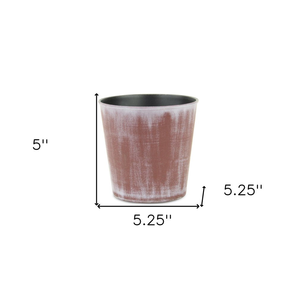 5" Brown and Off White Textural Tone On Tone Recycled Plastic Indoor Outdoor Round Pot Planter. Outdoor planter isolated on a plain white background, in a off-white plastic finish.