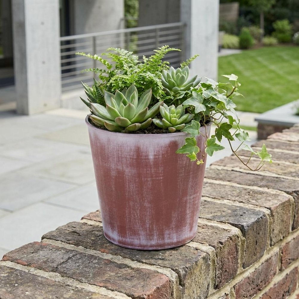 5" Brown and Off White Textural Tone On Tone Recycled Plastic Indoor Outdoor Round Pot Planter