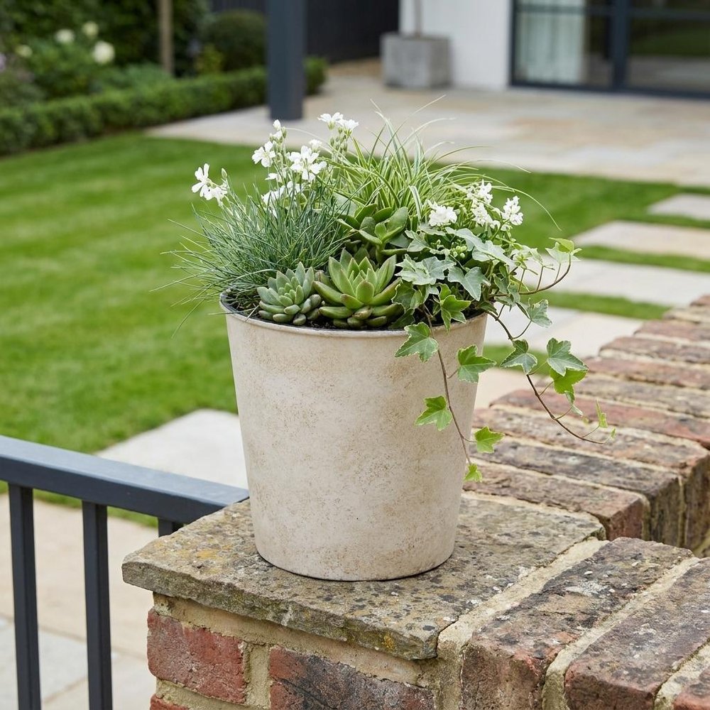 5" Cream Recycled Plastic Indoor Outdoor Round Pot Planter