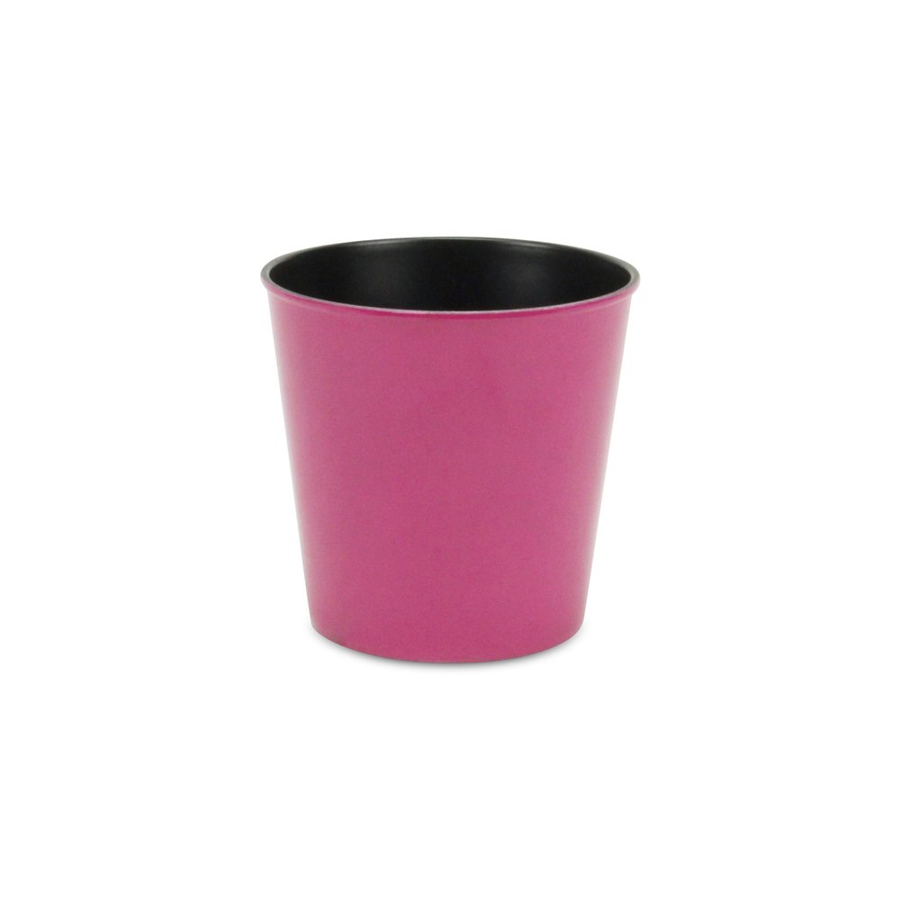 5" Hot Pink Recycled Plastic Indoor Outdoor Round Pot Planter. Outdoor planter isolated on a plain white background, in a pink plastic finish.