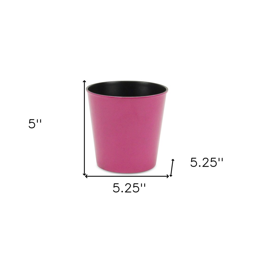 5" Hot Pink Recycled Plastic Indoor Outdoor Round Pot Planter. Outdoor planter isolated on a plain white background, finished in pink plastic.