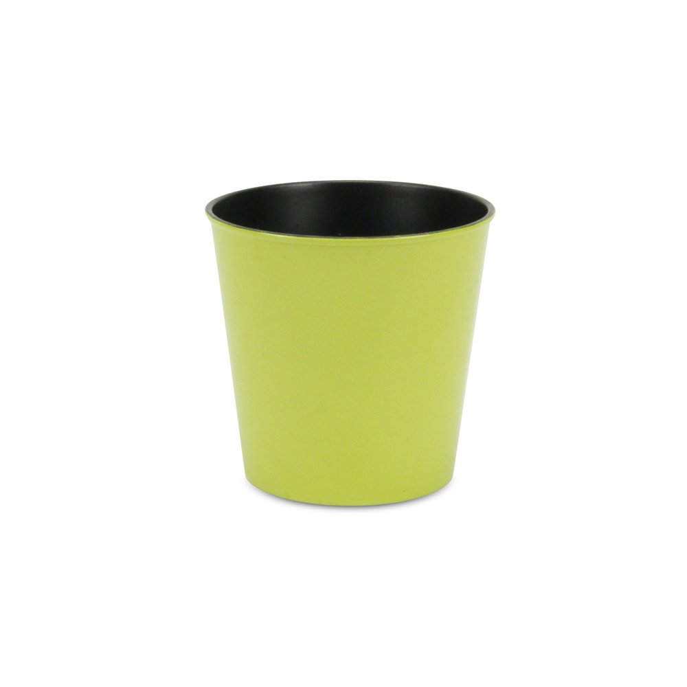 5" Lime Green Recycled Plastic Indoor Outdoor Round Pot Planter. Outdoor planter isolated on a plain white background, showing a plastic surface.