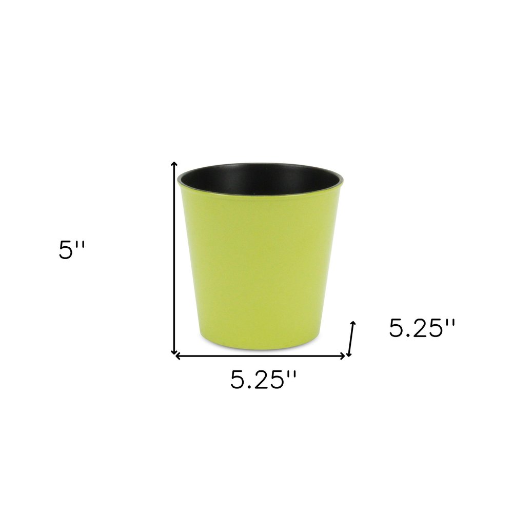 5" Lime Green Recycled Plastic Indoor Outdoor Round Pot Planter. Outdoor planter isolated on a plain white background, showing a plastic surface.