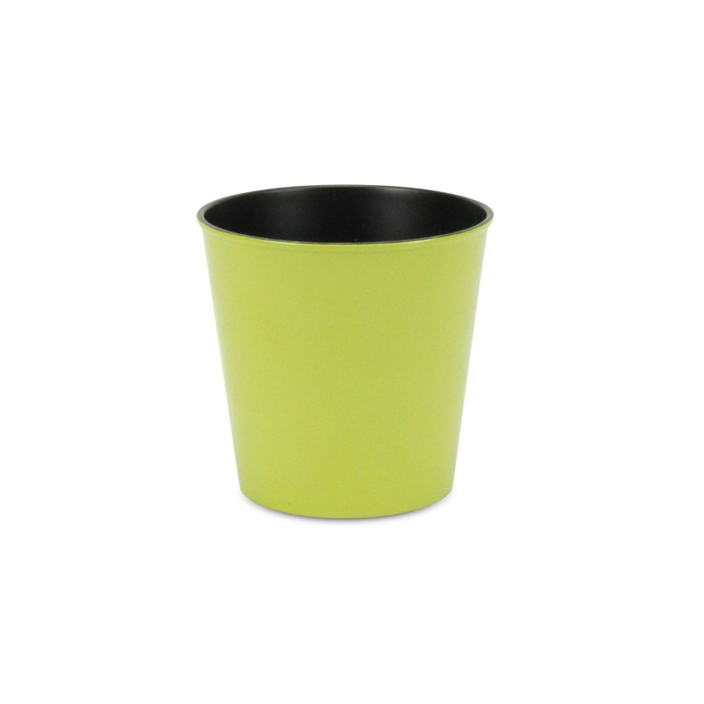 5" Lime Green Recycled Plastic Indoor Outdoor Round Pot Planter. Outdoor planter isolated on a plain white background, showing a plastic surface.