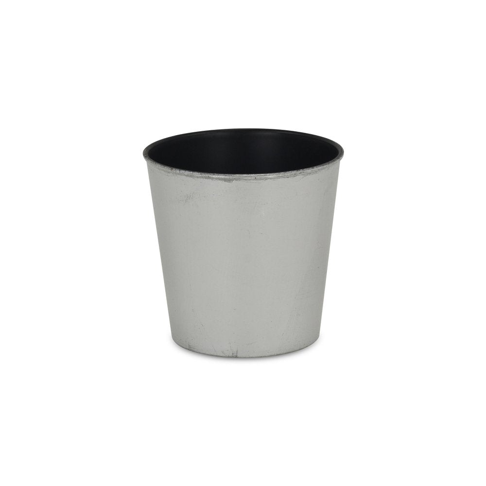 5" Silver Recycled Plastic Indoor Outdoor Round Pot Planter. Outdoor planter isolated on a plain white background, showing a silver plastic surface.