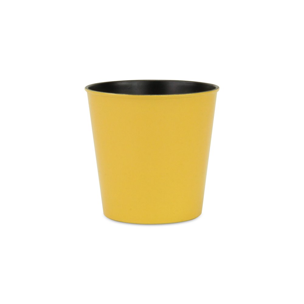 5" Yellow Recycled Plastic Indoor Outdoor Round Pot Planter. Outdoor planter isolated on a plain white background, finished in yellow plastic.