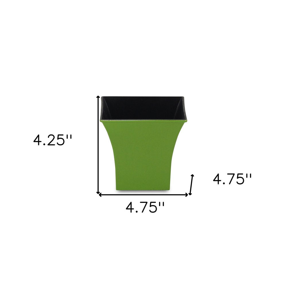 5" Lime Green Recycled Plastic Indoor Outdoor Square Pot Planter. Outdoor planter isolated on a plain white background, showing a green plastic surface.