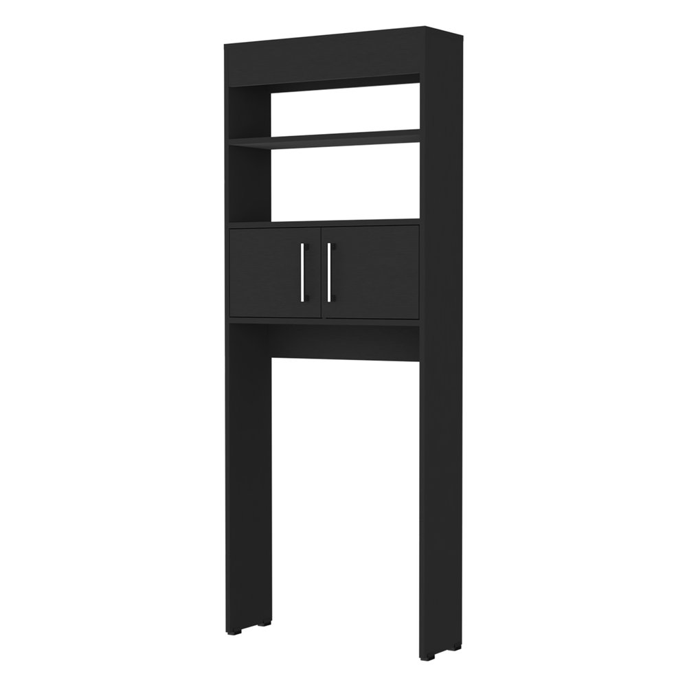 Black wood freestanding bathroom vanity with two shelves and two cabinet doors against a white background.