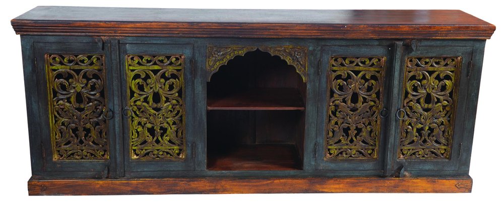 91" Brown Gray and Green Solid Wood Buffet Table with Two Doors on a white background